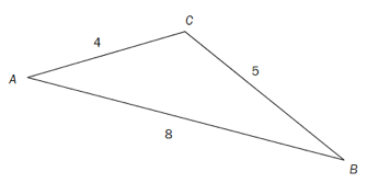 I trekant ABC er AB lik 8, BC lik 5 og AC lik 4.